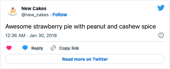 Tweet from @new_cakes: Awesome strawberry pie with peanut and cashew spice